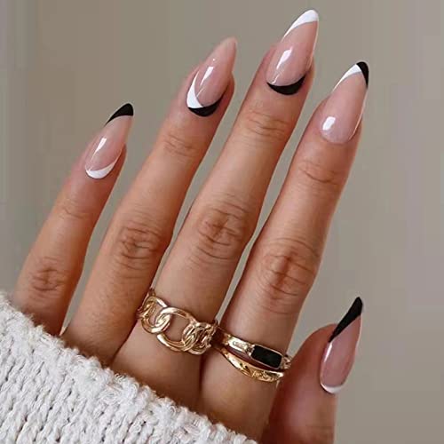 JUSTOTRY 24 Pcs Stiletto False Nails Medium with Jewels,Beige French Press on Nails Pattern,Fake Nails Short with Nail Glue,Almond Stick on Nails