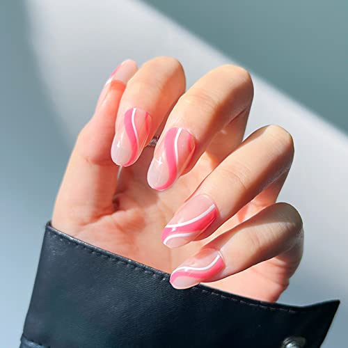 JUSTOTRY 24 Pcs Stiletto False Nails Medium with Jewels,Beige French Press on Nails Pattern,Fake Nails Short with Nail Glue,Almond Stick on Nails