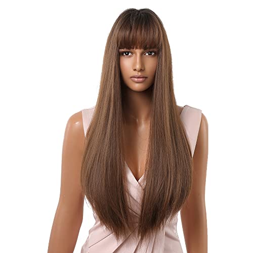 Esmee 24 Inches Long Straight Blonde Wig with Bangs Side Parting Natural Synthetic Hair Ombre Wigs for Women with Dark Roots for Daily Party Cosp