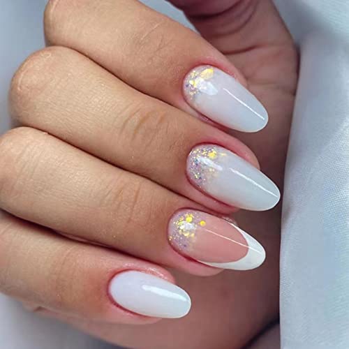 JUSTOTRY 24 Pcs Pale Orange Heart Short False Nails Stiletto,Beige French Press on Nails Pattern,Fake Nails Short with Nail Glue,Almond Medium St