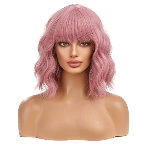 Esmee Short Wave Pink Bob Wigs With Bangs Shoulder Length Wig Curly Wavy Synthetic Cosplay Wigs for Women-12 Inches
