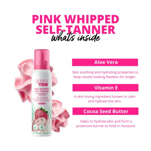 Skinny Tan Pink Whipped Self Tan - Streak Free Gradual Fake Tan Mousse for Natural Glow with Vitamin E, Strawberries & Cream Aroma, Vegan & Cruel