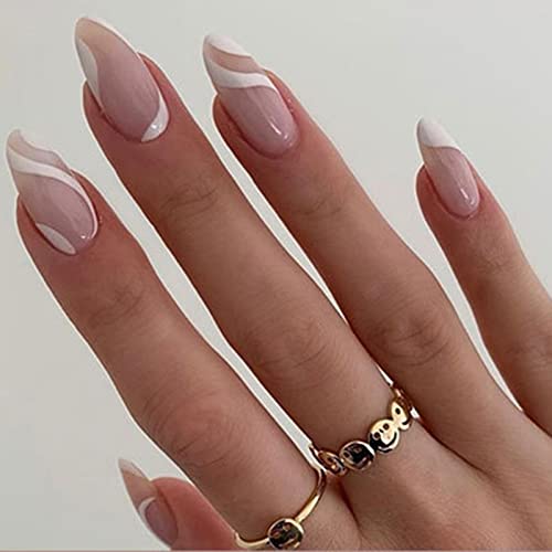 JUSTOTRY 24 Pcs Pale Orange Heart Short False Nails Stiletto,Beige French Press on Nails Pattern,Fake Nails Short with Nail Glue,Almond Medium St
