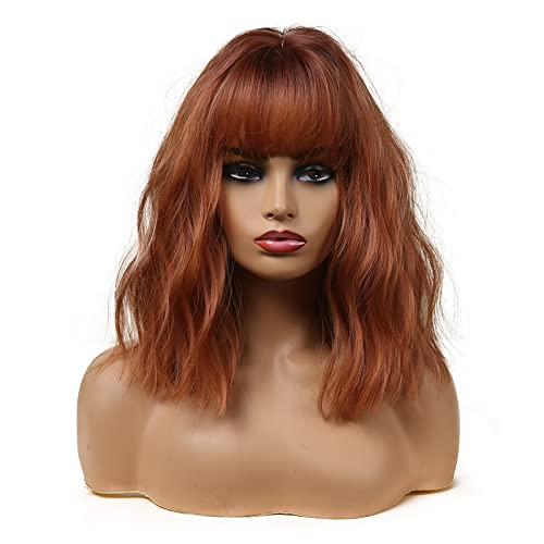 Esmee Short Wave Pink Bob Wigs With Bangs Shoulder Length Wig Curly Wavy Synthetic Cosplay Wigs for Women-12 Inches