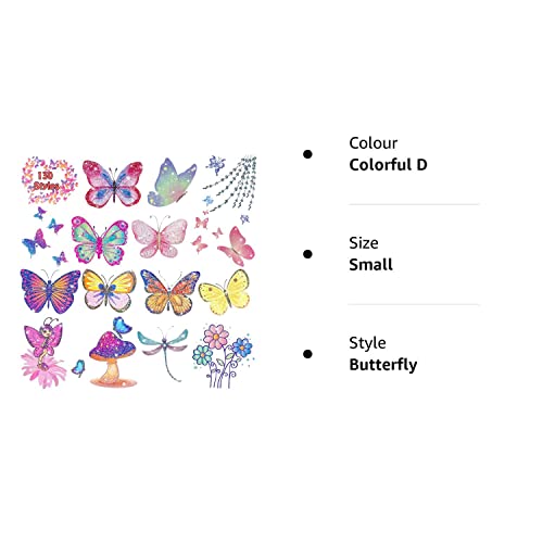 Leesgel 130 Styles Butterfly Glitter Tattoos for Kids, Butterfly Stickers, Temporary Tattoos for Girls Party Bag Fillers Birthday Decorations Fan