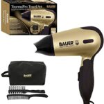 Bauer Professional 38850 Travel Hair Dryer Set / Compact 1200W Travel Hair Dryer with Folding Handle / Carry Case, Hairbrush & Comb / 2 Heat & Sp