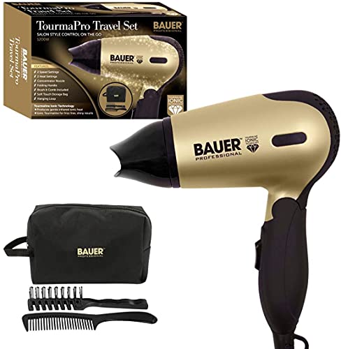 Bauer Professional 38850 Travel Hair Dryer Set / Compact 1200W Travel Hair Dryer with Folding Handle / Carry Case, Hairbrush & Comb / 2 Heat & Sp