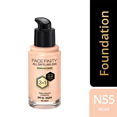 Max Factor Facefinity 3-in-1 All Day Flawless Liquid Foundation, SPF 20 - 55 Beige (Packaging May Vary)