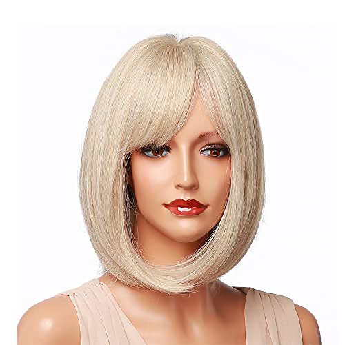 Esmee Short Wave Pink Bob Wigs With Bangs Shoulder Length Wig Curly Wavy Synthetic Cosplay Wigs for Women-12 Inches