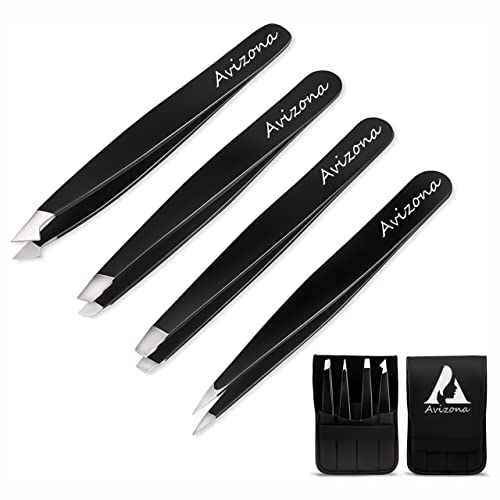 Avizona Set of 4 Precision Tweezers for Facial Hair Women & Men Professional Eyebrow Tweezers for ingrown Hair Black Color Coated tweezer Set wit