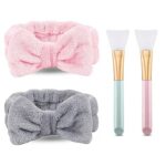 2 Pack Spa Headband,Bowknot Coral Fleece Elastic Headband With 2 Silicone Face Mask Brush,for Women Girls Washing Face Beauty Skincare And Sports