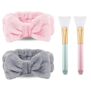 2 Pack Spa Headband,Bowknot Coral Fleece Elastic Headband With 2 Silicone Face Mask Brush,for Women Girls Washing Face Beauty Skincare And Sports