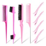 8PCS Hair Brush Comb Set, Slick Back Hair Brush Edges Brush Set, Bristle Hair Brush Teasing Brush Rat Tail Hair Comb with Hair Clips, Back Combin