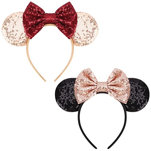 DRESHOW 2 Pack Mouse Ears Bow Headbands Glitter Party Decoration Cosplay Costume for Girls & Women