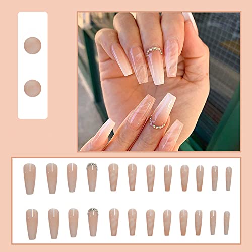 JUSTOTRY 24 Pcs Diamante Fake Nails Long, Nude French Press on Nails Patterns, Ballerina Stick on Nails for Women, Acrylic Medium Coffin False Na