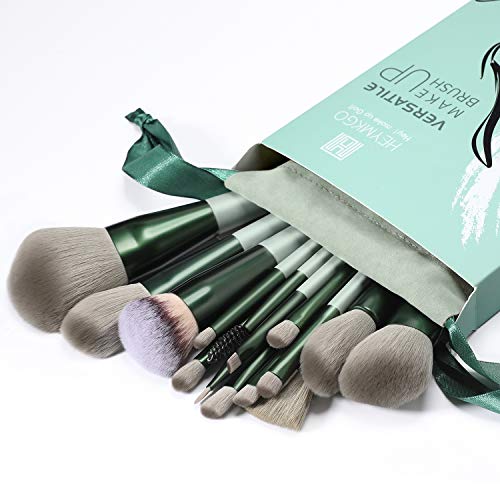 Makeup Brushes HEYMKGO 15pcs Premium Synthetic Bristles Green Conical Handle Kabuki Foundation Brush Makeup Sets Professional Portable Flannel Ba