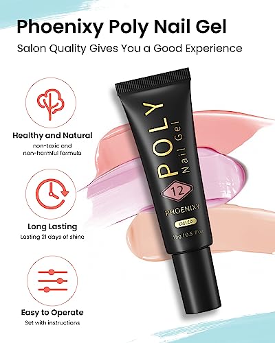 Poly Nail Gel Kit, Phoenixy 9 Colors Nail Builder Extension Gel Kit, with Slip Solution Glossy Matte Base Top Coat Exquisite Tools, Complete Nail