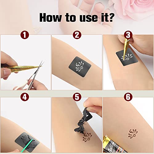 Lictin Temporary Tattoo Kit, Temporary Art Tattoos 6 PCS Temporary Tattoo Paste Cone with 4 Plastic Nozzles and 2 PCS Temporary Tattoos Stencils