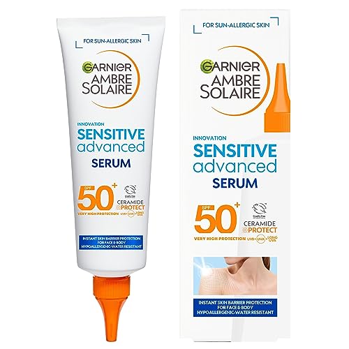 Garnier Ambre Solaire SPF 50+ Sun Protection Serum Face & Body, Non-Sticky, Non-Greasy Fluid Texture, No White Cast, Sensitive Advanced, 125 ml