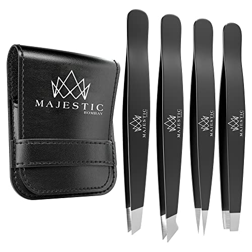 Majestic Bombay Fine Point + Slant Tweezers for Women and Men – Splinter Ticks, Facial, Brow and Ingrown Hair Removal–Sharp, Needle Nose, Surgica