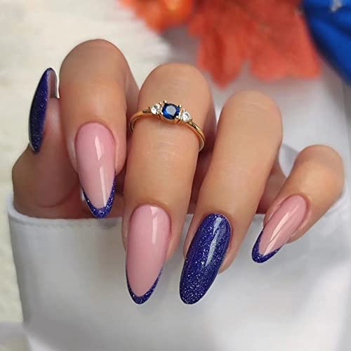 JUSTOTRY 24 Pcs Pink Press on Nails Medium, Dark Blue and White swirl Fake Nails with Designs, French Stick on Nails for Women, Acrylic False Nai