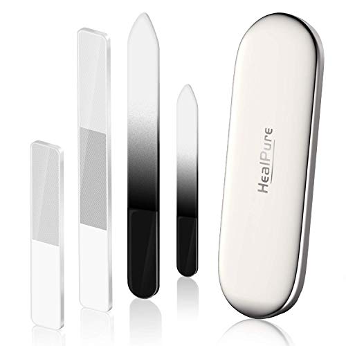 Glass Nail File and Shiner – 4PC Double Sided Etched Crystal Nail Buffer Files and Nano Nail Polishers, Professional Salon Manicure Tools Kit for