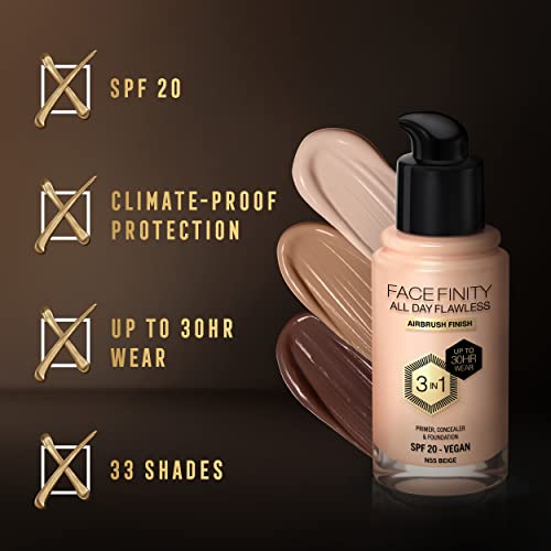 Max Factor Facefinity 3-in-1 All Day Flawless Liquid Foundation, SPF 20 - 55 Beige (Packaging May Vary)