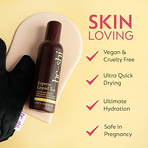 He-Shi Express Liquid Tan Instant Fake Tan Liquid, Medium – Express Fake Tan Lotion - Quick Dry Formula with No False Tan Smell - Vegan & Cruelty