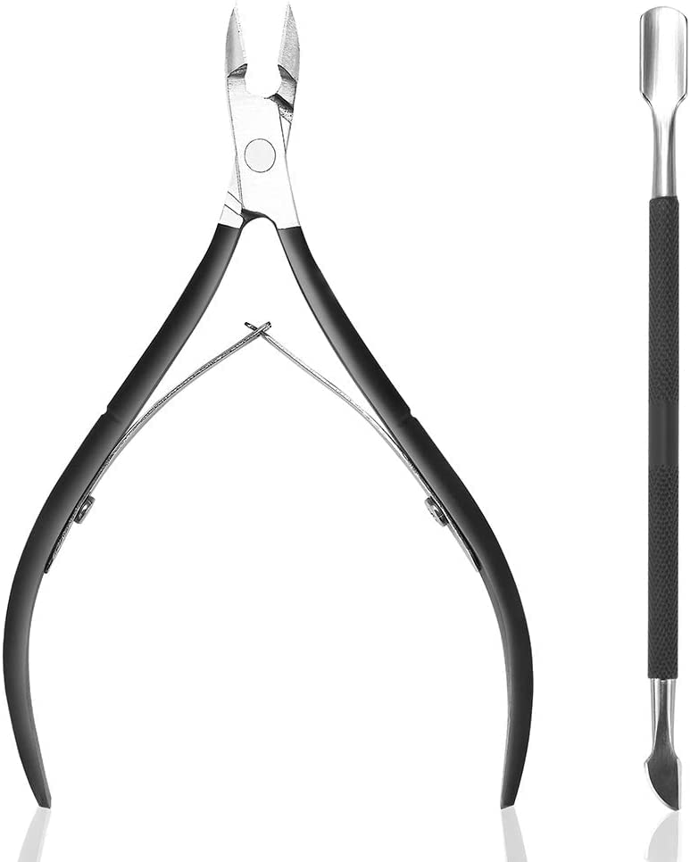Cuticle Nipper with Cuticle Pusher-Professional Grade Stainless Steel Cuticle Remover & Cutter-Durable Manicure and Pedicure Tool (Black)