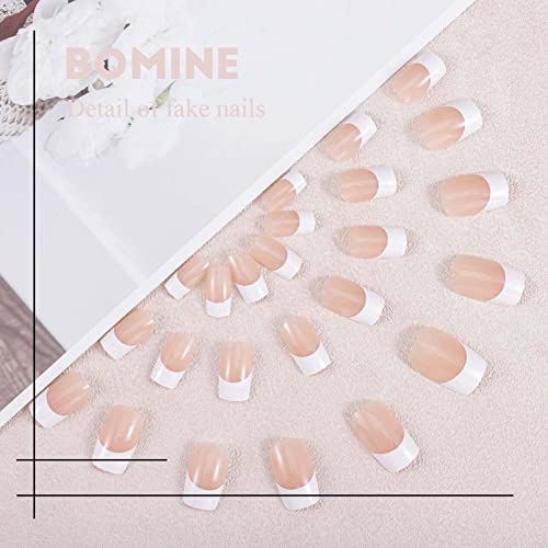 French False Nails Short, 48Pcs Nude White Fake Nails, Press on Nails with Designs, Acrylic Stick on Nails, Full Cover Artificial Nail Tips for W