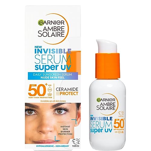 Garnier Ambre Solaire SPF 50+ Super UV Invisible Serum Moisturiser for Face, High Protection Against UVA & UVB, Sun Cream for all Skin Types, Wit