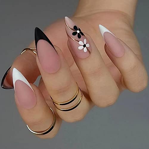 JUSTOTRY 24 Pcs Stiletto False Nails Medium with Jewels,Beige French Press on Nails Pattern,Fake Nails Short with Nail Glue,Almond Stick on Nails