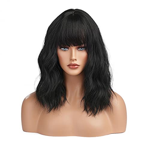 Esmee Short Wave Pink Bob Wigs With Bangs Shoulder Length Wig Curly Wavy Synthetic Cosplay Wigs for Women-12 Inches