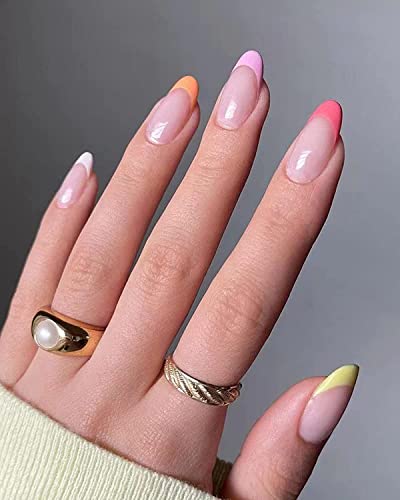 JUSTOTRY 24 Pcs Pink Press on Nails Medium, Dark Blue and White swirl Fake Nails with Designs, French Stick on Nails for Women, Acrylic False Nai