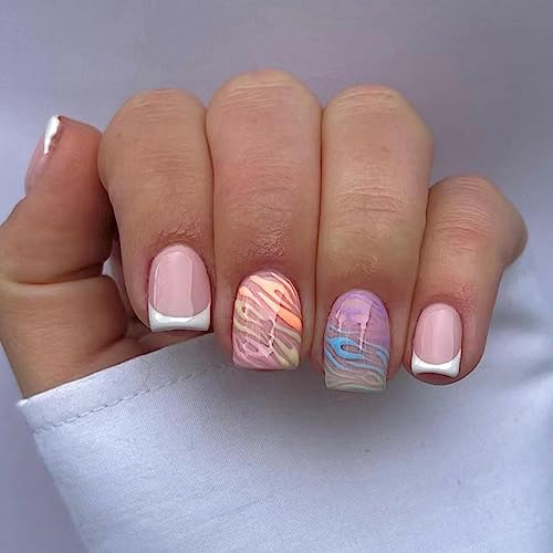 JUSTOTRY 24 Pcs Pastel Square Short False Nails,Multi Colour French Press on Nails Pattern, Cute Fake Nails Medium with Nail Glue,Rainbow Stick o