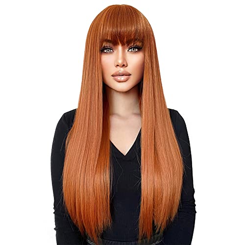 Esmee 24 Inches Long Straight Blonde Wig with Bangs Side Parting Natural Synthetic Hair Ombre Wigs for Women with Dark Roots for Daily Party Cosp
