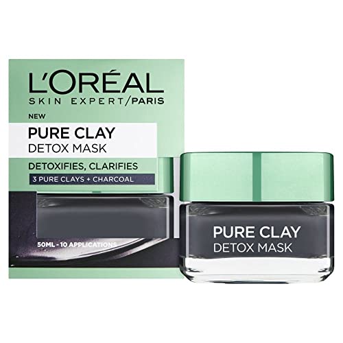L'Oreal Paris Pure Clay Black Charcoal Detox Face Mask, Deep Cleansing Skin Care for All Skin Types 50 ml