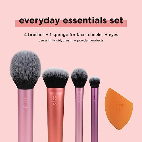 REAL TECHNIQUES,5 Count (Pack of 1) Everyday Essentials Makeup Brush Complete Face Set (Miracle Complexion Sponge, Expert Face, Blush, Setting an