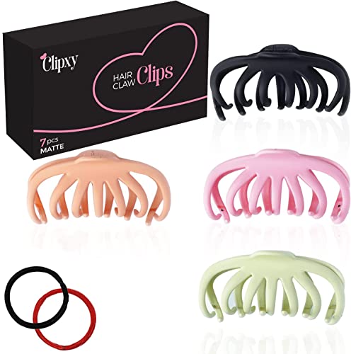 CLIPXY Premium Claw Clips – Set of 10 Pcs Hair Claw Clip with Hair Bands – Sturdy and Durable Hair Clips Women – 3.6 Inch Matte Coated Hair Claw