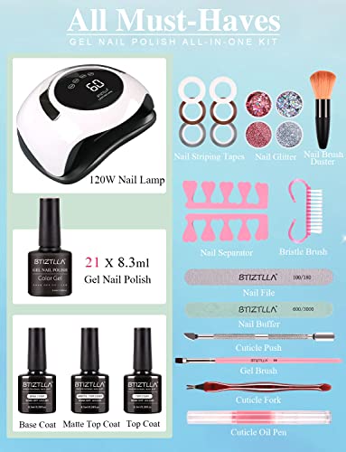Btiztlla 21 Colors Gel Nail Polish Kit with 120W LED Light, Red Nude Glitter Gel Nail Polish Set, UV LED Nail Lamp, No Wipe Base Top Coat, Manicu