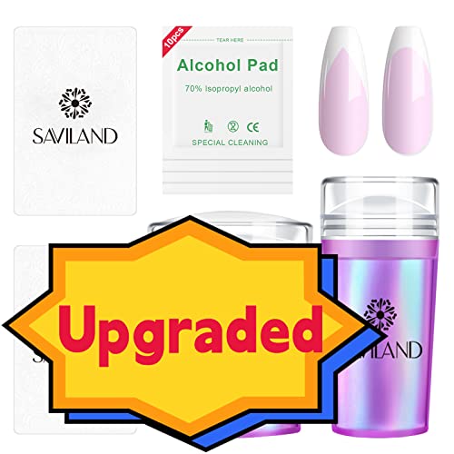 Saviland French Nail Stamper - 14PCS Durable French Tip Stamp Kit, Silicone Jelly Nail Stamper with Scrapers&Cleaning Pads, Nail Stamping Kit, Fr