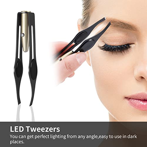 Fuyamp 2Pcs Tweezers with LED Light, Hair Removal Lighted Tweezers Makeup Tweezers with Light Tools, Stainless Steel Tweezers for Men Women Preci