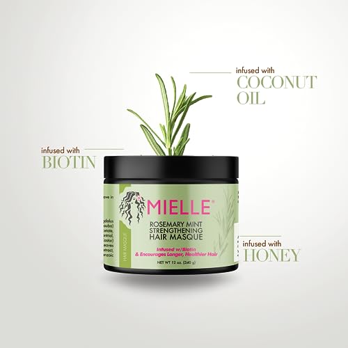 Mielle Organics Rosemary Mint Strengthening Hair Masque, Infused w/Biotin, 12 Ounces