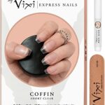 By Vixi 500 SHORT COFFIN/BALLERINA NAIL SET with FREE GLUE & PREP FILE, 10 Sizes – Clear Express Full Cover False Fingernail Extensions for Salon