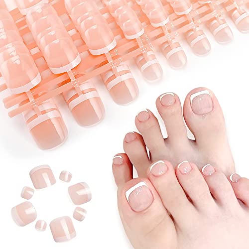 LIARTY 280pcs Artificial Natural French Short False Toe Nails Acrylic Feet Nail Tips Full Cover Fake Toe Nails(12 Different Size)