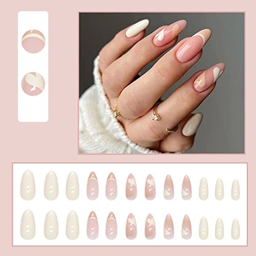 JUSTOTRY 24 Pcs Pale Orange Heart Short False Nails Stiletto,Beige French Press on Nails Pattern,Fake Nails Short with Nail Glue,Almond Medium St
