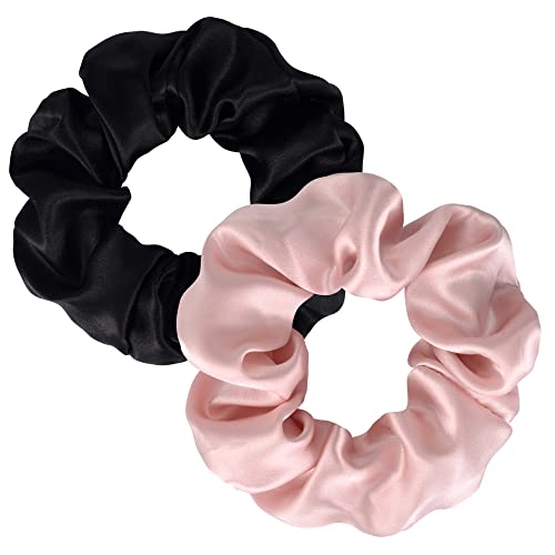 SILKIE x2 Set 100% Pure Mulberry Silk Pink Black Large Oversized Scrunchies Silk Travel Pouch Hair Ties Elastics Hair Care Premium Ponytail Holde