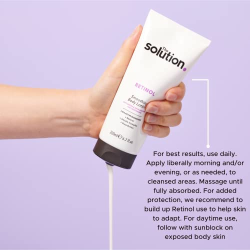 The Solution Retinol Smoothing Body Lotion With Anti-Ageing formula that targets wrinkles and renews skin With Shea Butter to Firm and Hydrate.,