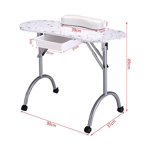 RELAX4LIFE Portable Manicure Nail Table, Folding Nail Technician Table Beauty Salon Desk with Drawer, Sponge & Carry Bag on Wheels, Professional