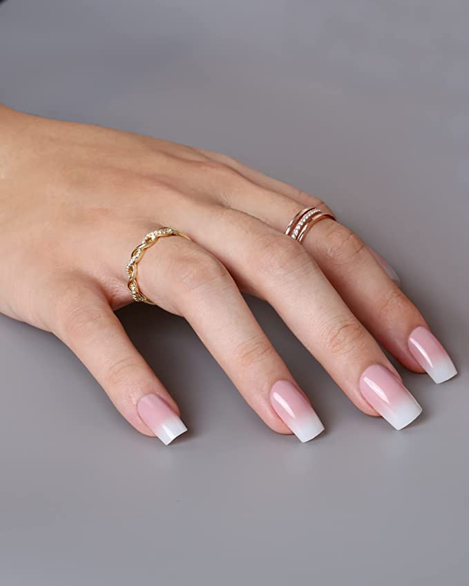 LADYING 24 Pcs Gel False Nails Short,Square Soft Gel Press on Nails French Pattern,Gradient White Fake Nails Short with Nail Glue, UV Finish Squo